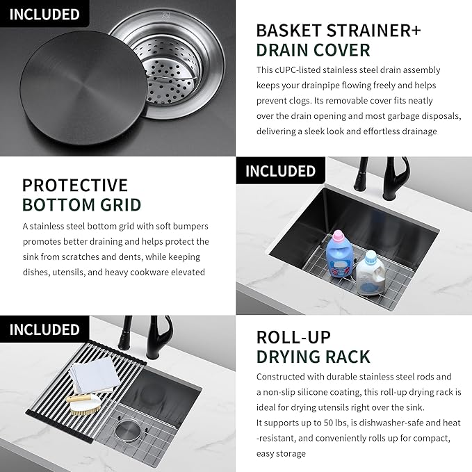 24-inch Undermount Laundry Utility Sink - 24x19x13 Extra Deep Black Stainless Steel Single Bowl Basin with Drain Strainer, Bottom Grid & Drying Unit for Laundry Room, Outdoor, Kitchen Use
