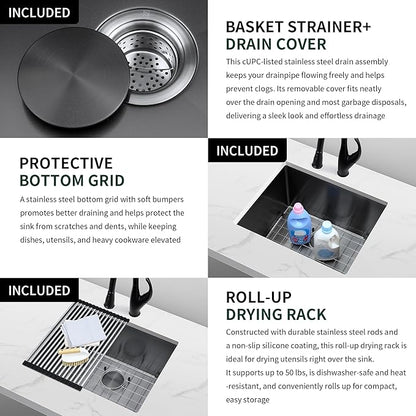 24-inch Undermount Laundry Utility Sink - SINKVINE 24x18x12 Extra Deep Black Stainless Steel Single Bowl Basin with Drain Strainer, Bottom Grid & Drying Unit for Laundry Room, Outdoor, Kitchen Use