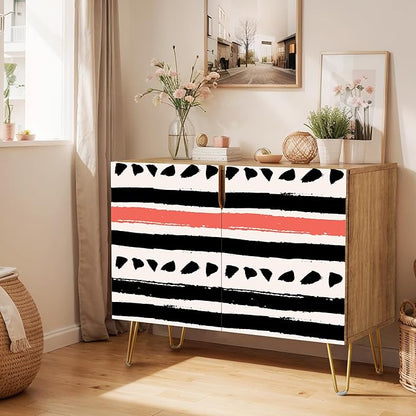 SIGNWIN Sideboard Buffet Cabinet, Kitchen Storage Cabinet with 2 Doors, Black & Red Geometric Line Patterns, Cupboard Console Table for Dining Room - 35" L x 18" W x 29" H