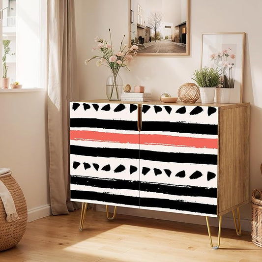 SIGNWIN Sideboard Buffet Cabinet, Kitchen Storage Cabinet with 2 Doors, Black & Red Geometric Line Patterns, Cupboard Console Table for Dining Room - 35" L x 18" W x 29" H