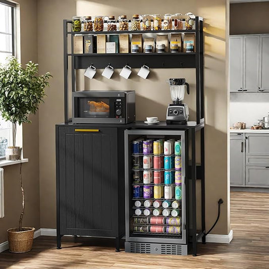 YITAHOME Farmhouse Pantry Cabinet with Built-in Trash Can Bin & Power Outlets, 4-Tier Bakers Rack for Mini Fridge, Microwave, Freestanding Storage Organizer for Kitchen, Black