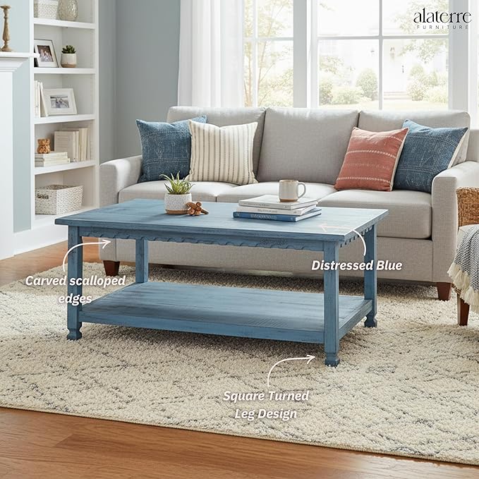 Rustic Rectangular Coffee Table, 42 in. W x 24 in. D x 18 in. H, Living Room Blue Antique, W/ (1) 36 in. W x 18 in. D x 10 in. H Shelf, Farmhouse/Cottage Style, Select Hardwood/Construction