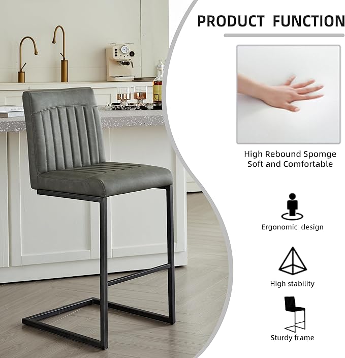 26" Counter Height Bar Stools Set of 2, Modern Upholstered Chairs with Vertical Tufted Backrest & Footrest, Metal Frame for Kitchen Island, Home Bar (Gray PU Leather)