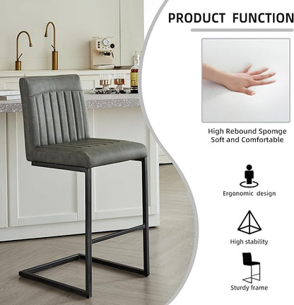 26" Counter Height Bar Stools Set of 2, Modern Upholstered Chairs with Vertical Tufted Backrest & Footrest, Metal Frame for Kitchen Island, Home Bar (Gray PU Leather)