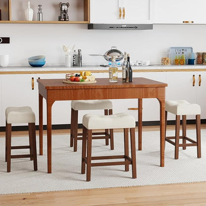 Giantex 24" Bar Stools Set of 4, Upholstered Counter Height Saddle Bar Stools with Footrest and Wood Legs, Farmhouse Button Tufted Backless Barstools for Kitchen Island, Dining Room, Cafe, Beige+Brown