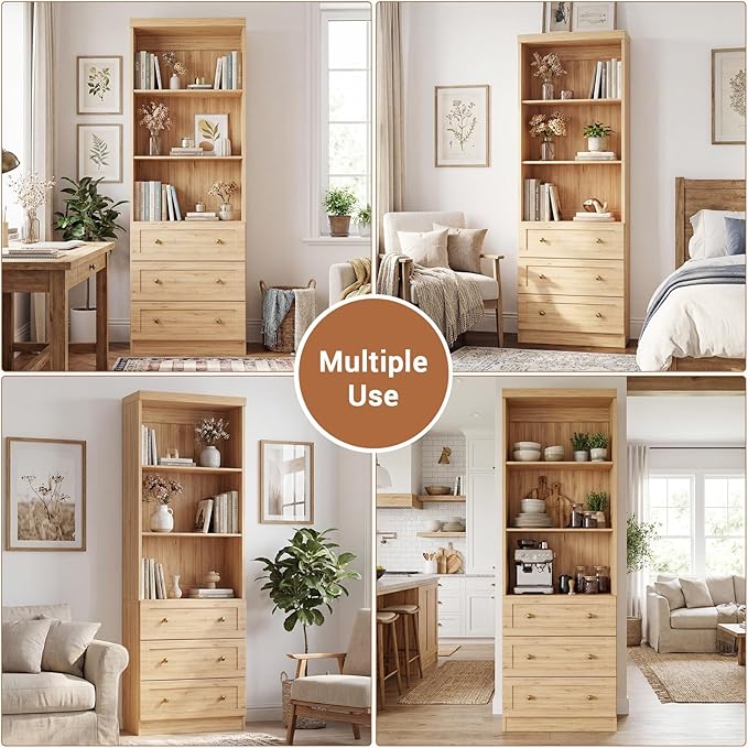 Cyclysio 80" Kitchen Pantry Cabinet with 3 Drawers, Tall Storage Cabinet Wood Food Pantry with Thickened Top Panel and Adjustable Shelves, Versatile Cupboard for Kitchen, Dining Room (2, Natural)