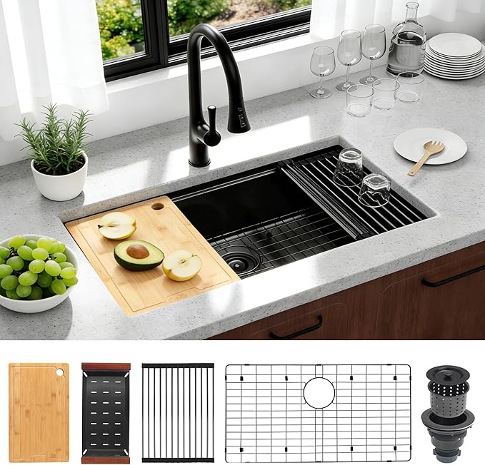 Kitsitchen Black Undermount Kitchen Sink, Black Stainless Steel Kitchen Sink, 32 Inch Large and Deep Handmade Single Bowl Kitchen Sinks with Practical Accessories, 16G Stainless Steel Material