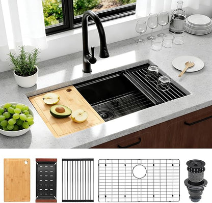 Kitsitchen Black Undermount Kitchen Sink, Black Stainless Steel Kitchen Sink, 32 Inch Large and Deep Handmade Single Bowl Kitchen Sinks with Practical Accessories, 16G Stainless Steel Material