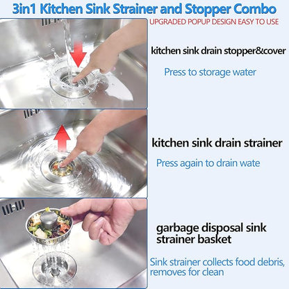 Kitchen Sink Drain Strainer for 3-1/2 Inch Drain Hole, 3-in-1 304 Stainless Steel Pop-Up Sink Strainer and Stopper with Anti-Clog Filter Basket & Food Catcher (Silver, 1 Pack)