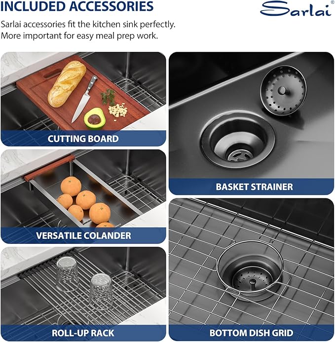 Sarlai 30 Inch Undermount Kitchen Sink Stainless Steel - 30 x 18 Inch Black Undermount Workstation Sink Commercial 16 Gauge Stainless Steel Gunmetal Black Sink Deep Single Bowl Kitchen Sink