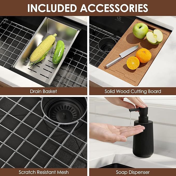 32x19 Inch Undermount Kitchen Sink Luxury Nano-coating Single Bowl Black Kitchen Sinks 16 Gauge Stainless Steel Soundproof Kitchen Workstation with 6 Accessories (Black)