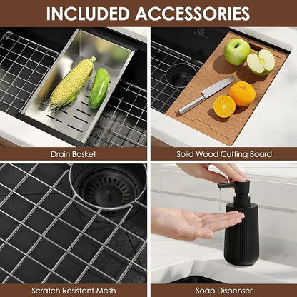 32x19 Inch Undermount Kitchen Sink Luxury Nano-coating Single Bowl Black Kitchen Sinks 16 Gauge Stainless Steel Soundproof Kitchen Workstation with 6 Accessories (Black)