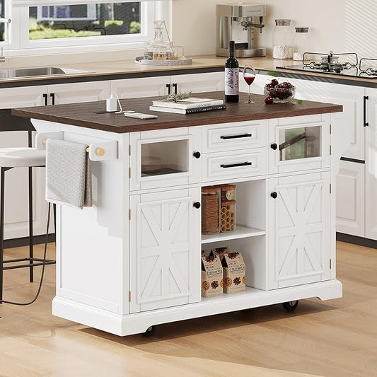 54.9" Kitchen Island with Drop Leaf and Drawers, Rolling Kitchen Cart with Shelves and Storage Cabinet, Kitchen Prep Table on Wheels with Power Outlet and Cross Barn Doors & Visual Glass Door White