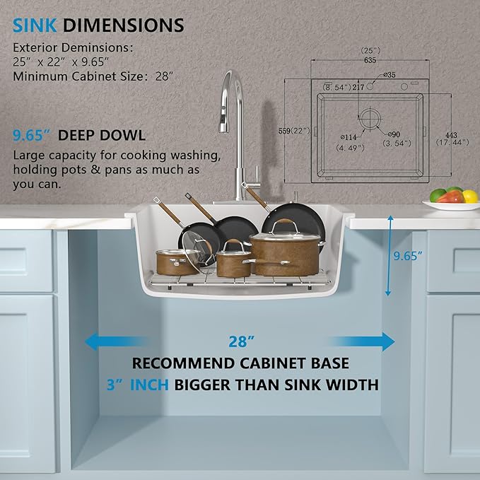 25"×22" Granite Composite Kitchen Sink - White Granite Kitchen Sink Drop In Top Mount Quartz Classic Above Counter Single Bowl Basin