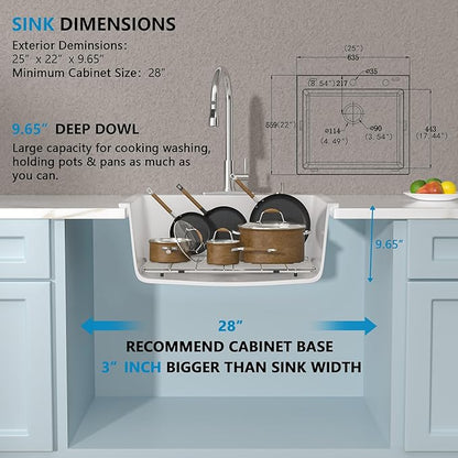 25"×22" Granite Composite Kitchen Sink - White Granite Kitchen Sink Drop In Top Mount Quartz Classic Above Counter Single Bowl Basin