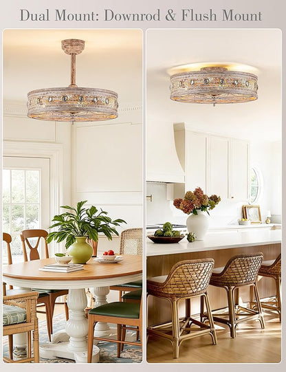 Rustic Chandelier Ceiling Fan with Light,Farmhouse Distressed Wood-Look Caged Bladeless Fandelier,Enclosed Cozy Cottage Crystal Light Fixture,Hanging/Flush Mount for Bedroom,Kitchen,Dining Room,Foyer