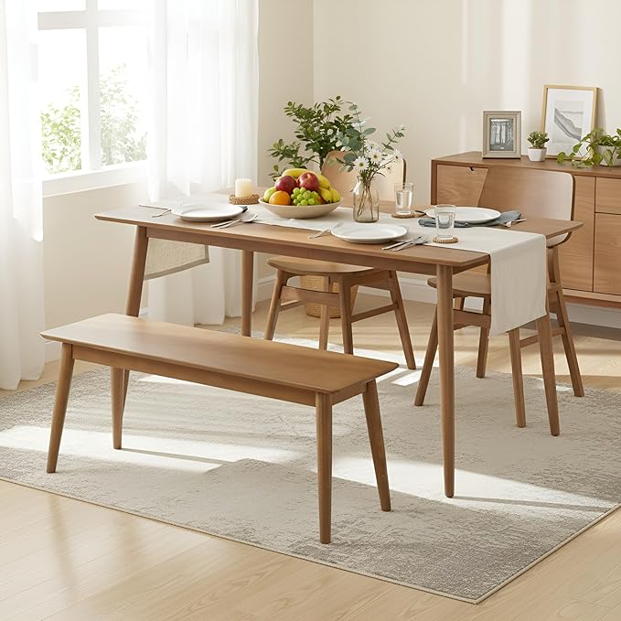 Alaterre Furniture Calais Dining – 4 Piece Dining Table Set for 4 with Chairs and Bench – Mid Century Modern 59-Inch Solid Wood Kitchen & Dining Room Table with Bench, and 2 Chairs (Pecan Finish)