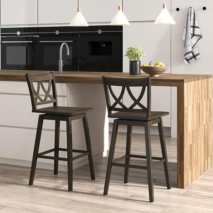 Giantex 29" Bar Stools Set of 2, Swivel Wooden Bar Chairs with Rubber Wood Frame, Footrest & Ergonomic Backrest, Bar Height Barstools for Kitchen Island, Restaurant & Pub, Dark Grey
