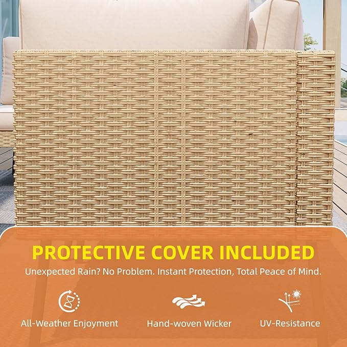 Aoxun 8-Piece Patio Furniture Set, Wicker Outdoor Furniture with Water Resistant Thick Cushions, Patio Conversation Set Outdoor Sectional Sofa with Coffee Table for Backyard Poolside, Beige