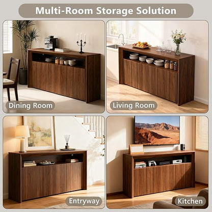 Feonase 66.2" Buffet Cabinet with Storage & Led Lights, Modern Sideboard Cabinet with 4 Doors & Shelves, Fluted Media Console Mid Century, Coffee Bar Table for Living Room Kitchen Dining Room, Walnut