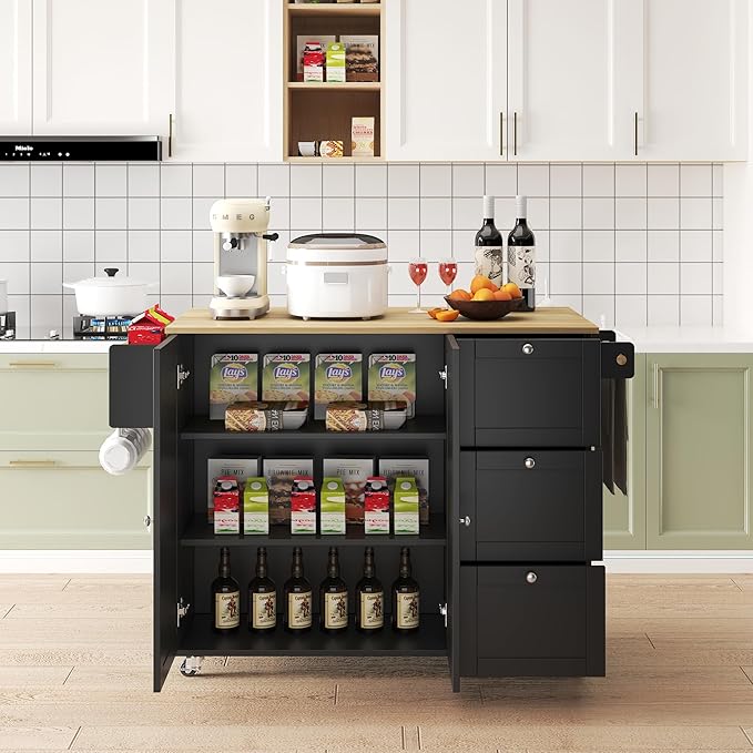 45.4" Rolling Kitchen Cart with Drop Leaf Top and Locking Wheels,Storage Cabinet and Adjustable Shelf,Mobile Kitchen Island with Spice Rack and Towel Bar,Drawers and Hooks (Black@q)