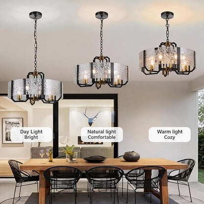 COCOSTAR Modern Glass Drum Chandeliers for Dining Room,6 Lights Farmhouse Crystal Chandelier,24" Vintage Foyer Lighting Fixtures,Black and Gold Pendant Lights for Kitchen Island,Bedroom,Living Room