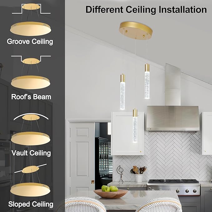 3 Light Pendant Lights Kitchen Island,Modern LED Bubble Crystal Pendants with Dimmable 3000K-6000K Ceiling Hanging Light Fixture for Dining Room Bedroom,Gold Finish,Adjustable Height 59"