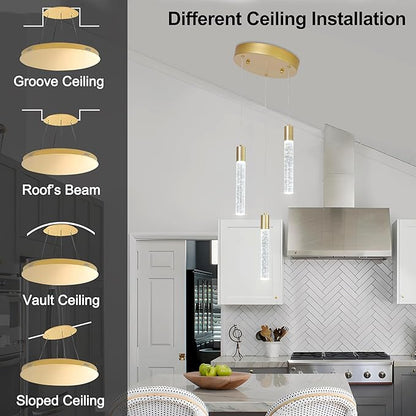 3 Light Pendant Lights Kitchen Island,Modern LED Bubble Crystal Pendants with Dimmable 3000K-6000K Ceiling Hanging Light Fixture for Dining Room Bedroom,Gold Finish,Adjustable Height 59"