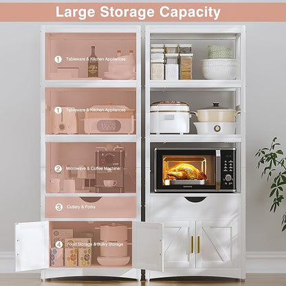 VECELO 3-Tier Microwave Stand with Charging Station, Freestanding Farmhouse Kitchen Rack for 1.0 Cu.Ft. Oven, Coffee Bar Cabinet with Drawer & Storage Shelves, White