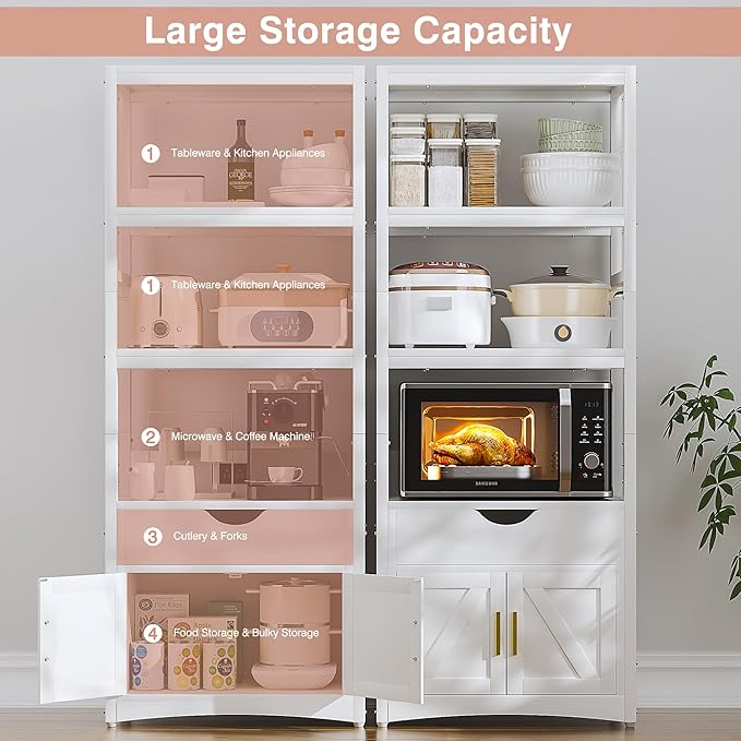 VECELO 3-Tier Microwave Stand with Power Outlet & USB Ports, 15.5" Deep Kitchen Pantry Cabinet, Fits 1.0 Cu.Ft Microwave, Modern Farmhouse Coffee Bar Storage with Drawer & Barn Door for Kitchen, White