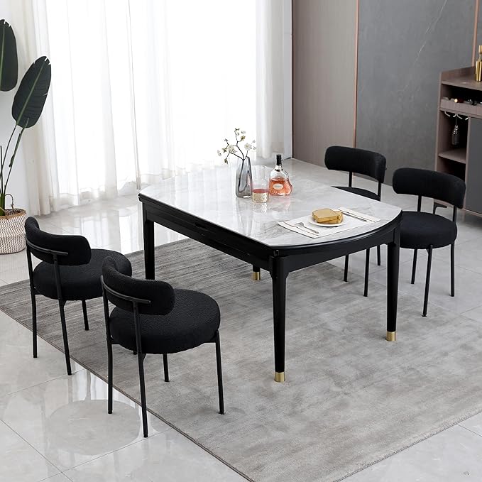 DYHOME Black Boucle Dining Chairs Set of 2, Mid Century Modern Kitchen Chairs with Curved Backrest and Metal Legs, Upholstered Dining Room Chairs