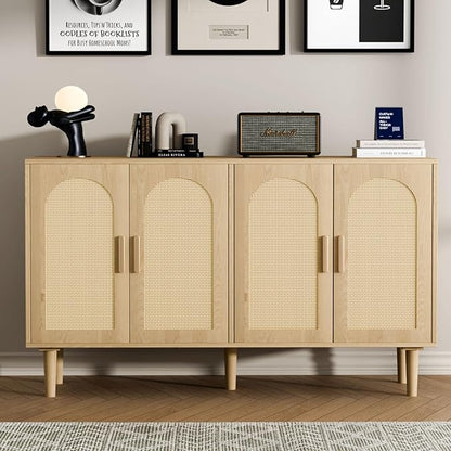 Large Sideboard Buffet Cabinet with Storage, Modern Credenza Buffet Table Coffee Bar Wine Bar Storage Cabinet with Artistic Carved Handle for Dining Room Living Room, (Oak)