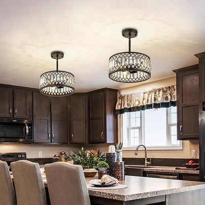 3-Light Crystal Ceiling Light, Black Semi Flush Mount Ceiling Lighting Fixture with Drum Shade, Dia 12" Lighting Fixtures for Hallway, Kitchen, Entryway, Bedroom, Laundry Room