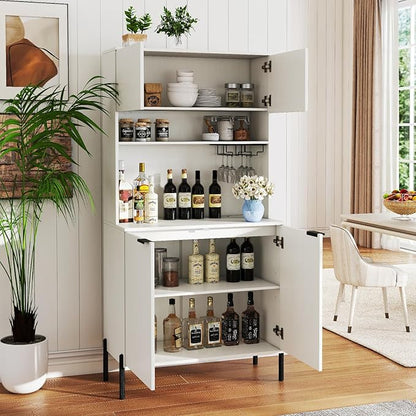 Giantex 64.5" Kitchen Pantry Cabinet with Charging Station, Tall Buffet Hutch with Storage Cabinets, Adjustable Shelf, Wine Racks, Modern Sideboard for Dining Room, Living Room, Coffee Bar, White