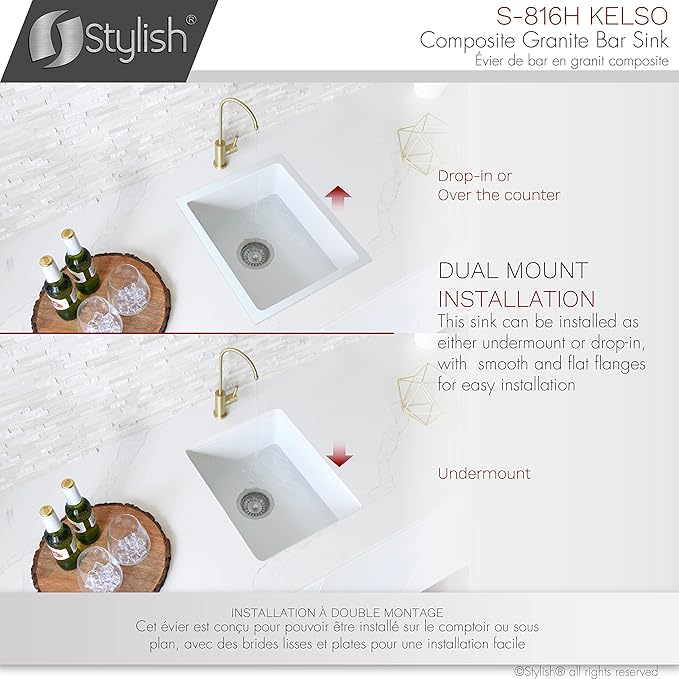 Stylish 15.5 x 17.5 Inch Composite Granite Kitchen or Bar Sink, Single Bowl Under Mount & Drop in, 8.5 in Deep, Rear-Center Drain, with Strainer, White, S-816H