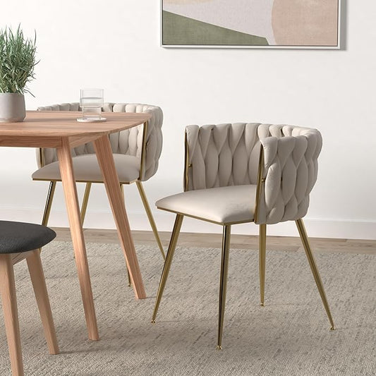 Nrizc Woven Dining Chairs Set of 6, Velvet Upholstered Dining Chairs with Gold Metal Legs, Modern Accent Chairs for Living Room, Dining Room, Kitchen (Beige)