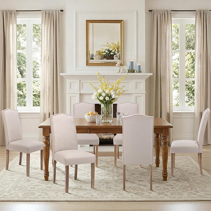 Upholstered Dining Chair Modern Stylish Parsons Kitchen Diner High Back with Silver Nailhead Trim & Wood Legs, Set of 2