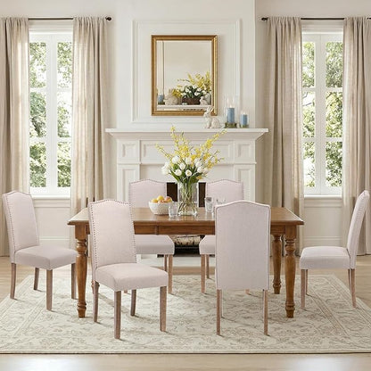 Upholstered Dining Chair Modern Stylish Parsons Kitchen Diner High Back with Silver Nailhead Trim & Wood Legs, Set of 4, Fabric Beige