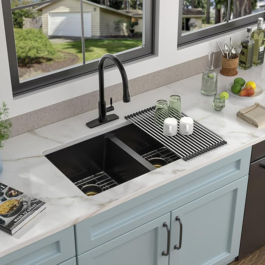 33"x19" Granite Composite Kitchen Sink Double Bowl - Matte Black Undermount 50/50 Split Bowl Granite Quartz Classic Under Counter Sink Basin