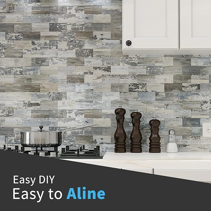 Art3d 10-Sheet Peel and Stick Backsplash PVC Wall Tile, Stickon Tile for Kitchen Backplash, Bathroom Vanities, Fireplace Decor, Laundry Table, Stair Decals in Light Rustic, Plastic-Sheets
