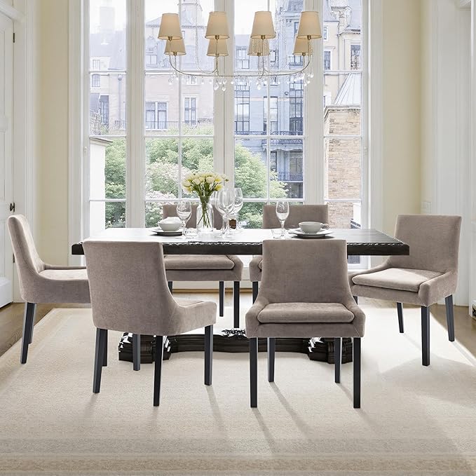 Dining Chairs Set of 6 – Extra Wide & Padded Fabric Dining Chairs with Solid Wood Legs, High-Density Foam Cushion, Mid-Back Modern Kitchen Chairs for Comfortable Everyday Use