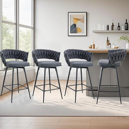 4 Set Swivel Bar Stools with Breathable Linen Cotton Seats 360° Rotating Counter Height Stools, Heavy Duty Iron Frame, 300lb Capacity for Kitchen Island, Dining Pub Blackish Gray