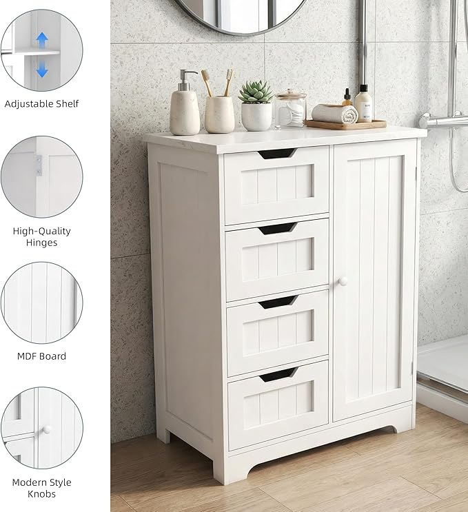 Casaphoria Bathroom Storage Cabinet with Drawers, Freestanding Floor Cabinet with Door and Adjustable Shelf, 4-Drawer Sideboard for Bathroom, Living Room, Kitchen, White