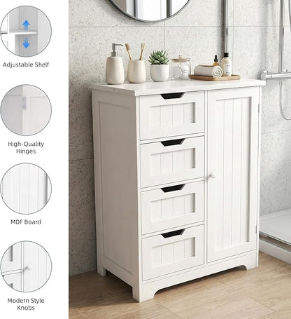 Casaphoria Bathroom Storage Cabinet with Drawers, Freestanding Floor Cabinet with Door and Adjustable Shelf, 4-Drawer Sideboard for Bathroom, Living Room, Kitchen, White