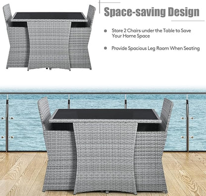 Tangkula 3 Pieces Patio Dining Set, Patiojoy Space-Saving PE Rattan Bistro Set with Tempered Glass Top Table and Cushioned Chairs, Outdoor Conversation Set for Garden, Backyard, Poolside, Porch (Red)