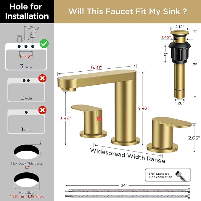 QFN Brushed Gold Bathroom Faucets 3 Hole, 8 inch Widespread Bathroom Faucet with Pop Up Drain and 24" cUPC Supply Hoses, Lead-Free Two Handles Suitable for 6-12 Inch RV, Restroom, Vanity Sink