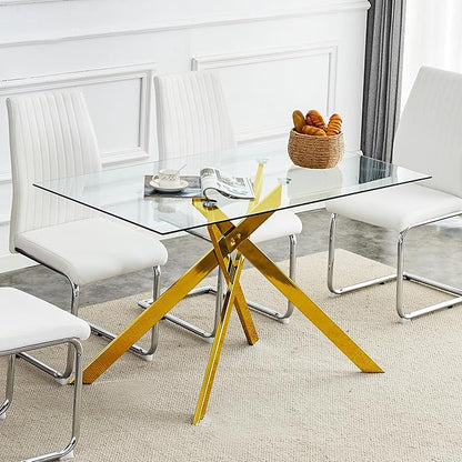 51" Rectangle Dining Table for 4 5 6 People, Modern Dining Table with Gold Chrome Metal X-Shaped Legs, Large Glass Kitchen Table Family Dinner Table for Home Office Living Room