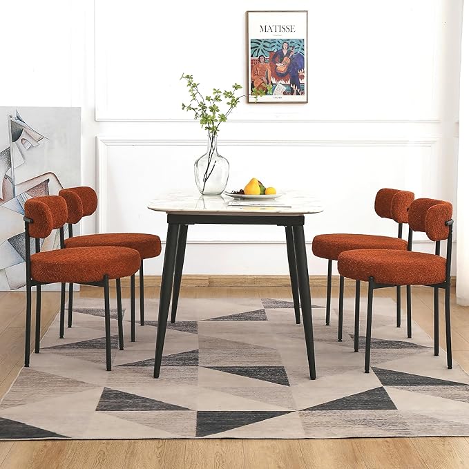 EDWELL Orange Dining Chairs Set of 4, Mid-Century Modern Dining Room Chairs with Thick Cushion, Round Upholstered Boucle Chairs for Kitchen, Living Room, Armless Kitchen Chairs with Black Metal Legs