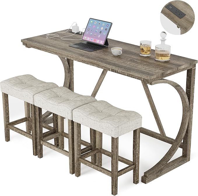 allamazing 4-Piece Counter High Bar Table Set with Socket and 3 Fabric Padded Bar Stools, Tall Kitchen Breakfast Nook with Stool (1+3 Natural)