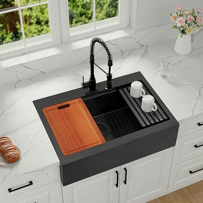 36 Inch Farmhouse Black Sink, 16 Gauge 304 Stainless Steel Farm Sinks, Drop In Topmount Single Bowl Workstation Sink with all Accessories, 36" x 22" x 10" Deep Kitchen Sink